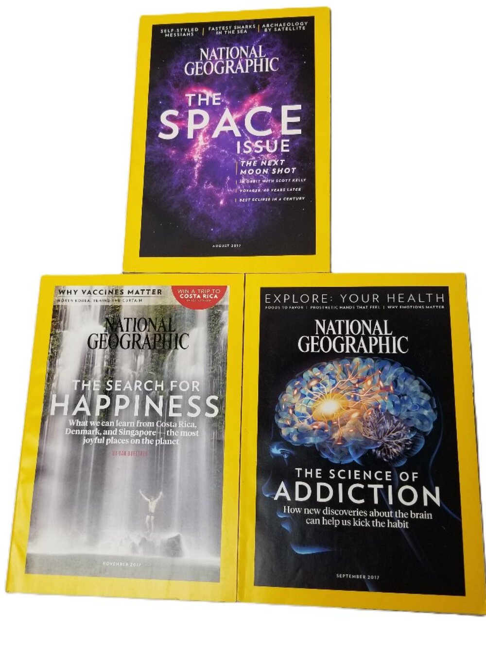 National Geographic Magazine Lot 3 2017 Space Happiness Addiction Aug Sept Nov
